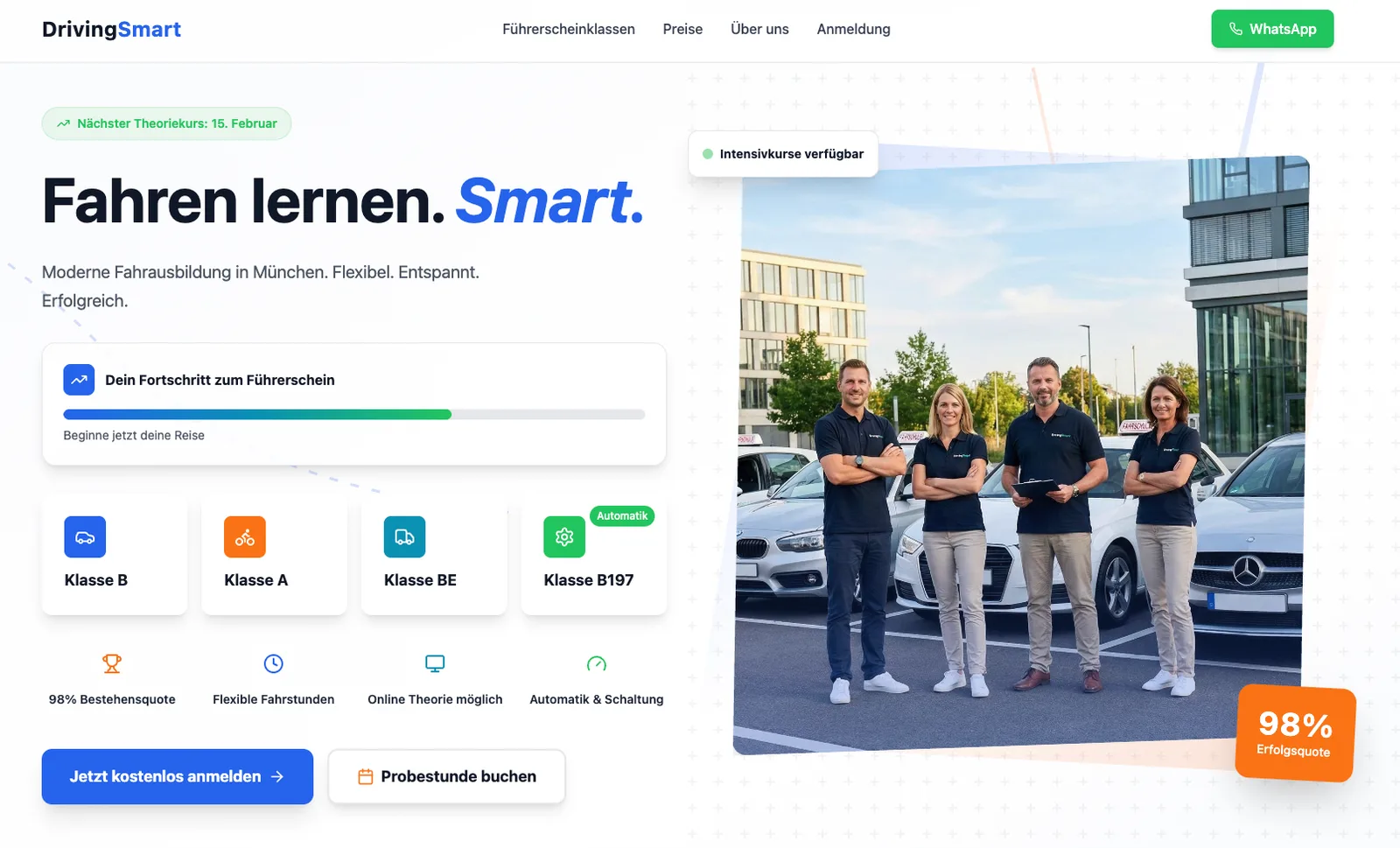 Konzeptdesign einer Website für eine Fahrschule: moderne Startseite mit Kursübersicht und Anmeldung