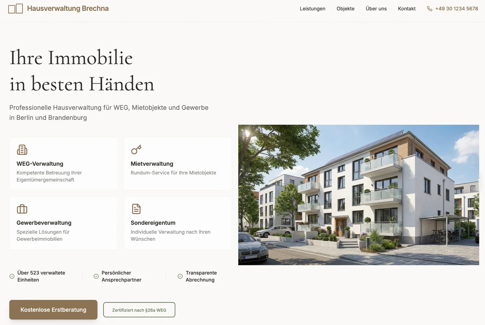 Konzeptdesign einer Website für eine Hausverwaltung: strukturierte Startseite mit Kontaktmöglichkeiten