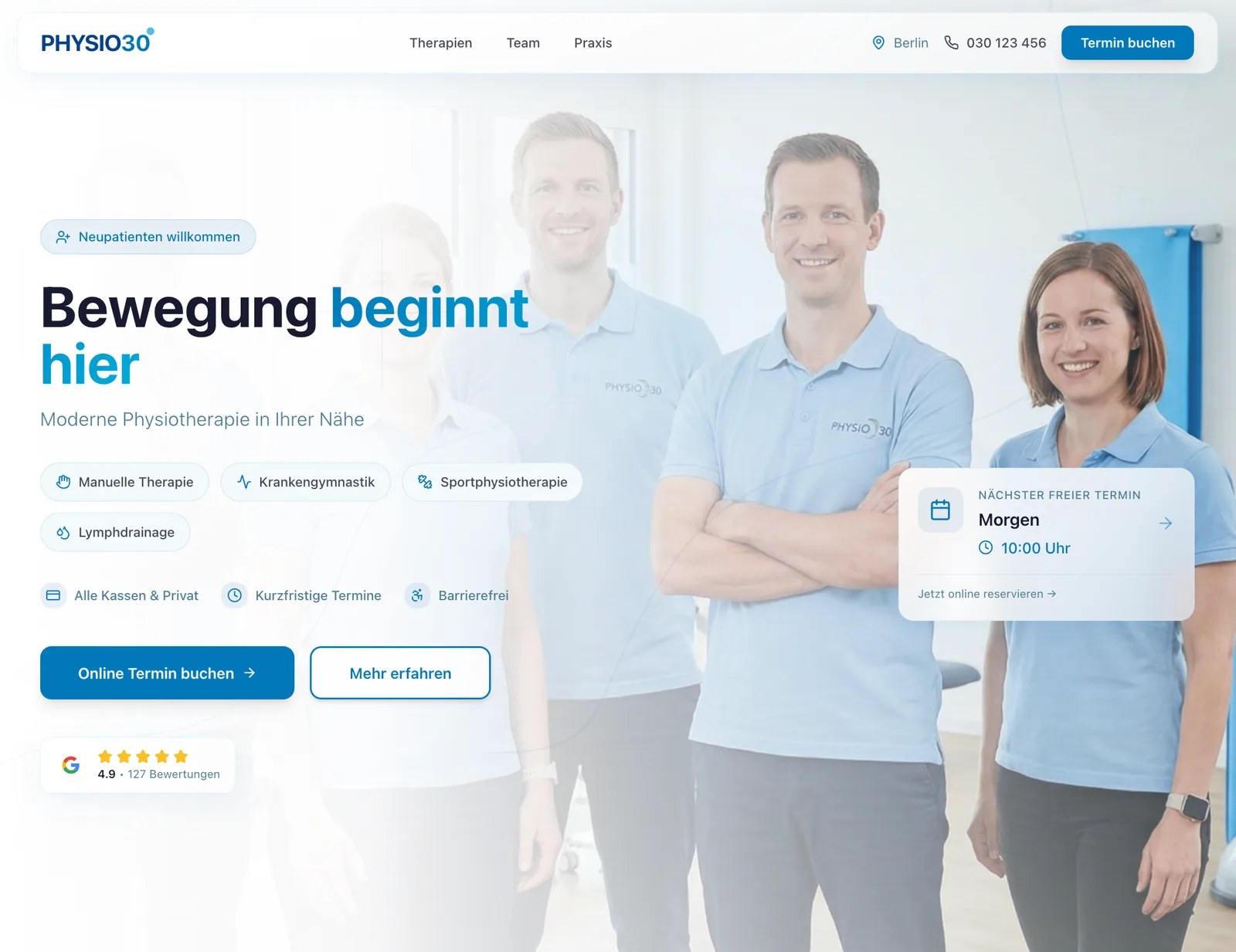 Konzeptdesign einer Website für eine Physiotherapie-Praxis: helle, aufgeräumte Startseite mit Terminbuchung